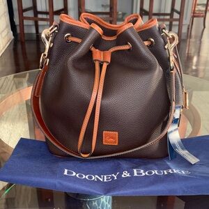 New Dooney & Bourke Dark Brown Pebble Leather Drawstring Bucket with Tan Trim.
